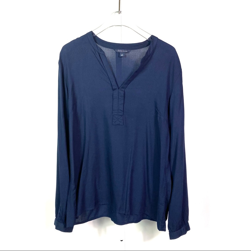 Tommy Hilfiger Top, Navy Blue Split Neck Pullover Shirt, Lightweight Top Size L